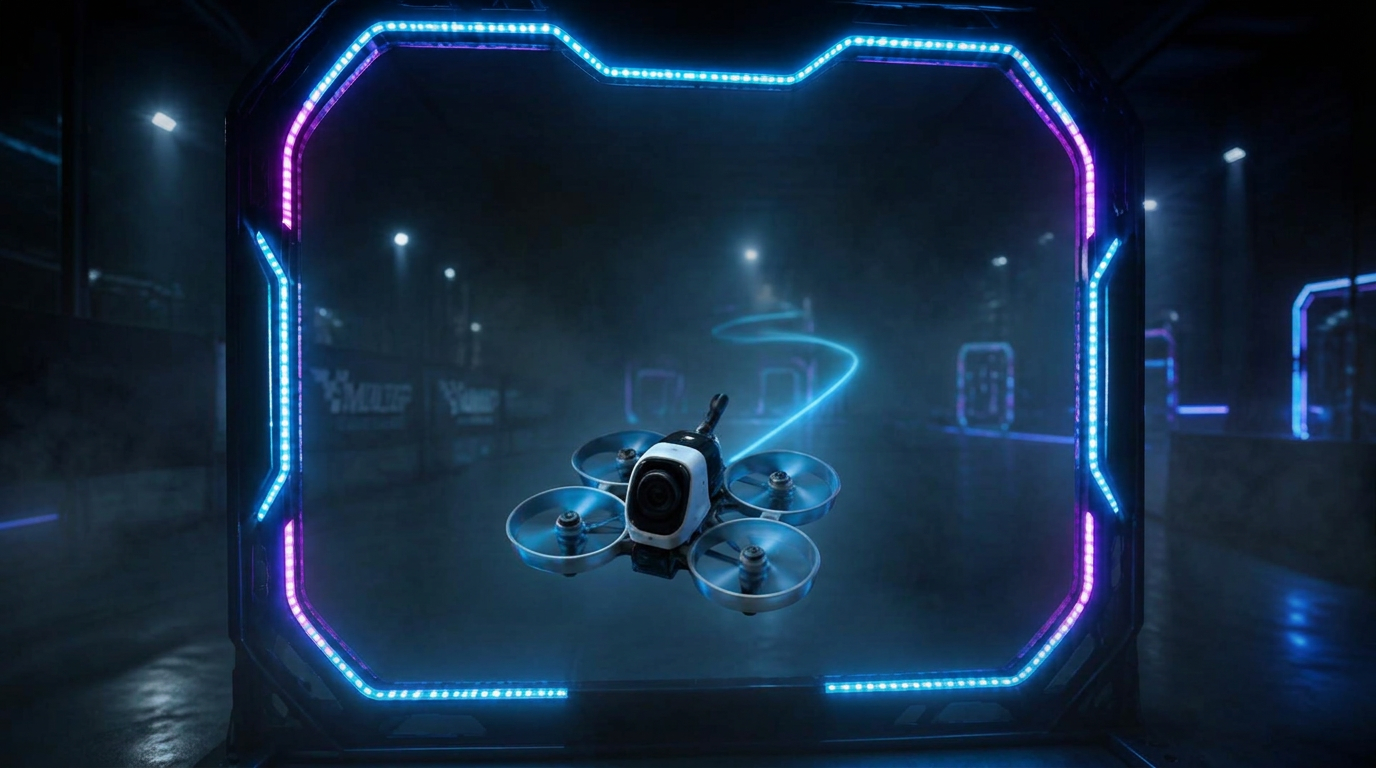 Micro FPV drone flying through a glowing neon LED race gate in a dark indoor arena